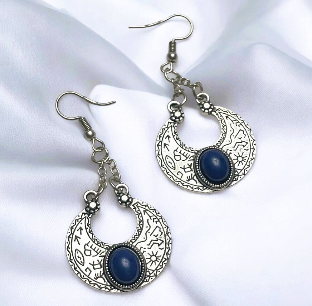 Tribal Inspired Blue Lapis Lazuli Crescent Shaped Frame Swing Dangle Earrings